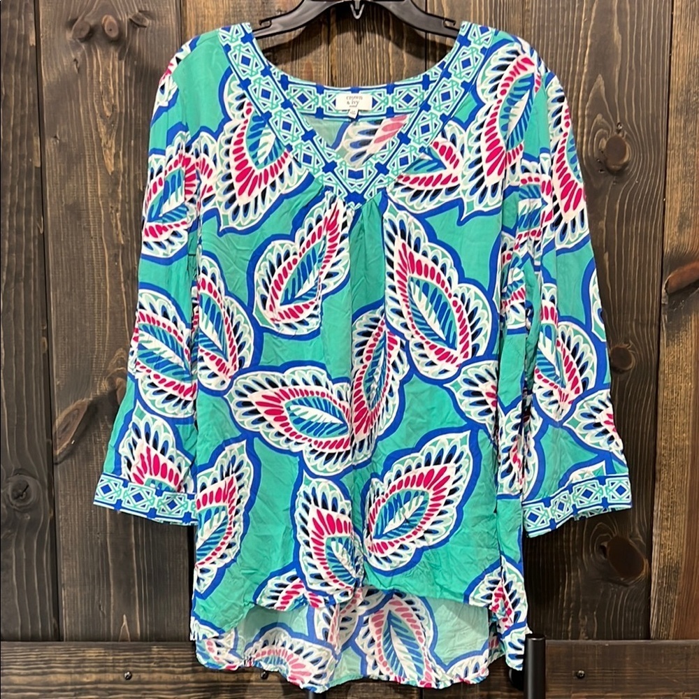 Crown & Ivy Blouse 3X Tunic Top Resortwear Coastal Tropical Floral Vibrant Boho